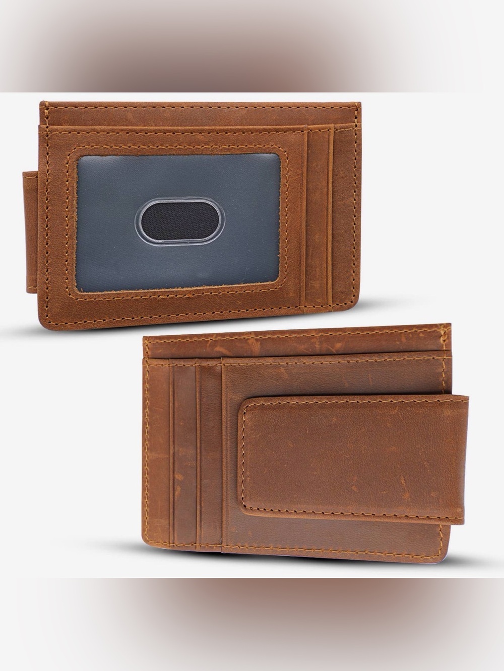 Men's Brown Leather personalized leather Wallet with magnetic clip & ID Window.